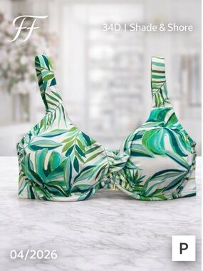 Shade & Shore Tropical Leaf Bikini Top Women’s 34D Green White Underwire Top